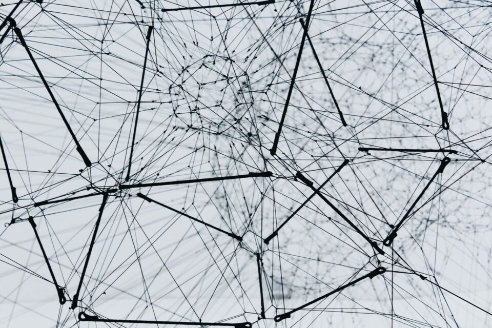Abstract photo of a network of cables and hooks.