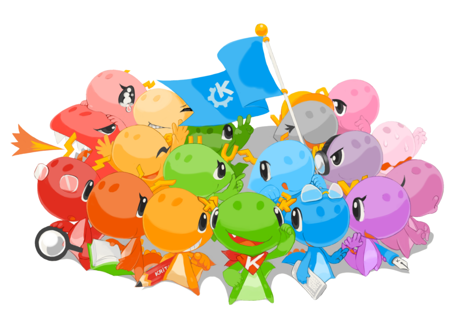 A bunch of dragons of different colours, porting a KDE banner.