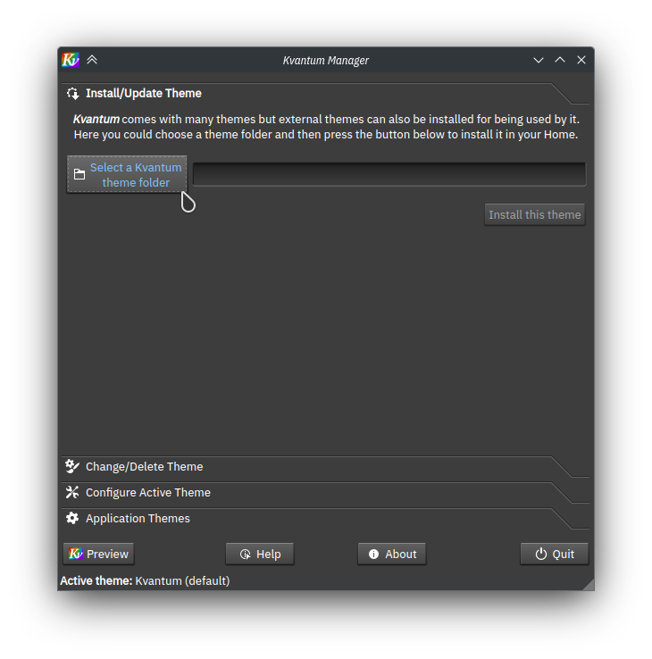 Kvantum Manager window with a mouse pointer hovering over a button labeled "Select a Kvantum theme folder"