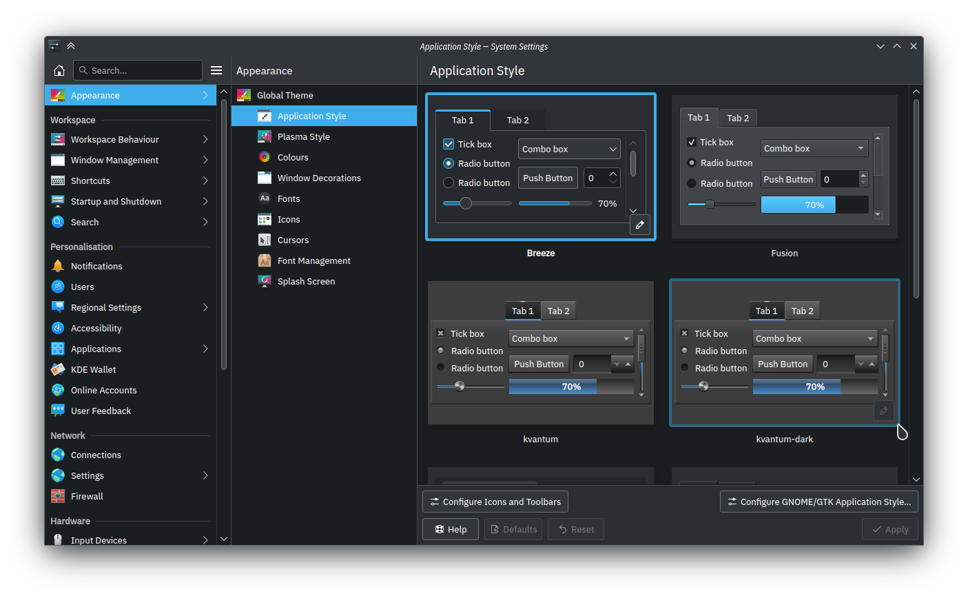 System Settings window with the Application Style settings in the Appearance category open

A mouse cursor is hovering above the kvantum-dark style preview, which is surrounded by a faint blue outline.