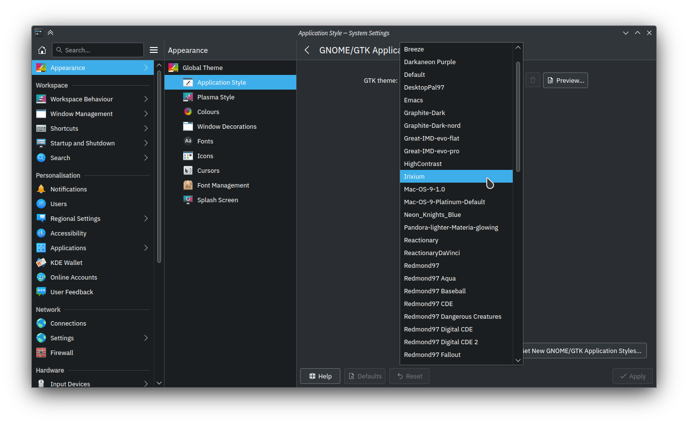 System Settings window with the GNOME/GTK Application Style settings within the Application Style settings in the Appearance category open

A mouse cursor is hovering over the Irixium entry in an open dropdown menu.