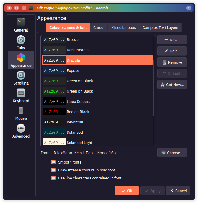 Dracula colour theme selected in the Appearance settings of Konsole
