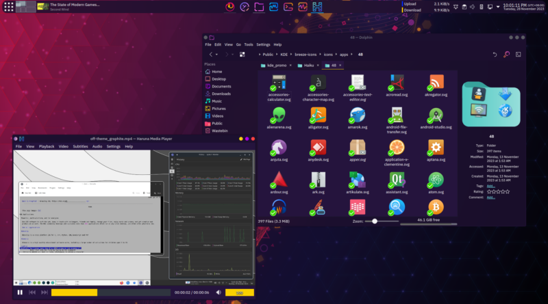A view of the Plasma desktop with the lustrous Shades of Purple them applied.