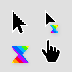 Black mouse cursors with white outlines and rainbow hourglasses as the loading symbol