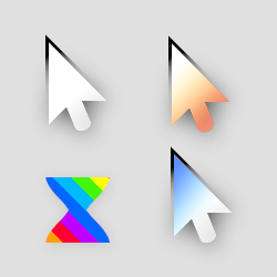 Clockwise from left:
White mouse cursor with a greyscale gradient outline
Mouse cursor coloured with a scarlet-to-white gradient and having a greyscale outline
Mouse cursor coloured with a white-to-blue gradient and having a greyscale outline