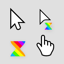 White mouse cursors with black outlines and rainbow hourglasses as the loading symbol