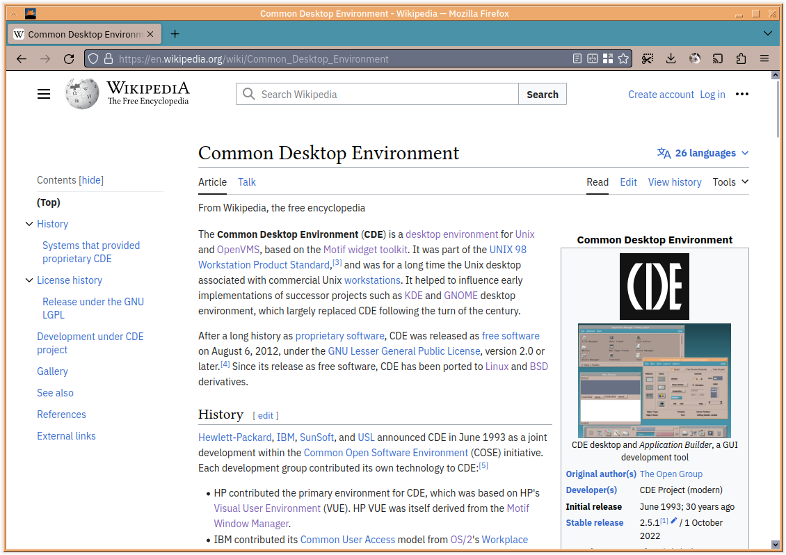 Firefox using the CDE theme

English Wikipedia page for Common Desktop Environment