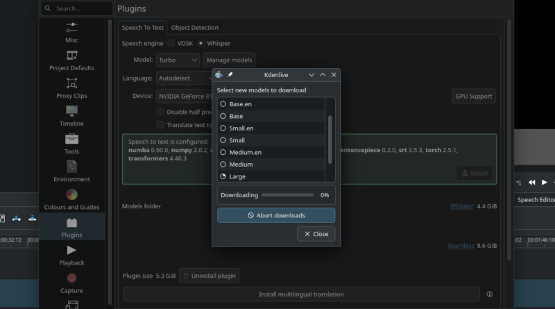 A screenshot showing Kdenlive's Whisper model manager. The progress bar shows 0% and will likely stay like that for the remainder of the life of the Universe unless you take action.