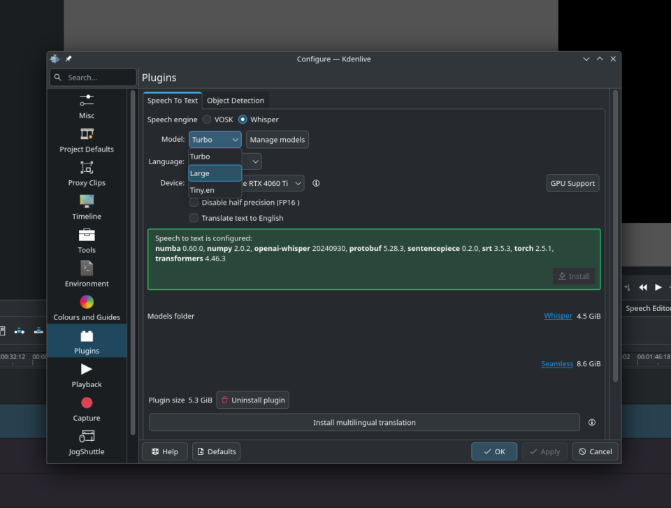 Once the process described in this blogpost are c completed, you can see that models are now installed in Kdenlive. Why? Virtual environments and stuff... I don't know. Magic.